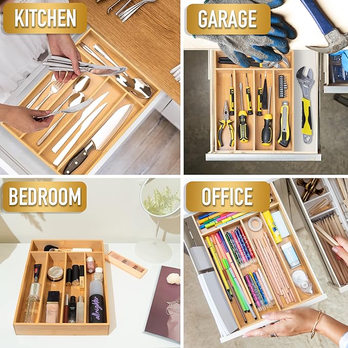 Besilord Silverware Organizer Kitchen Drawer Organizer Utensil Organizer Bamboo Silverware Holder Cutlery Organizer in Drawer Flatware Organizer Tray(5 slots, Natural - Image 6