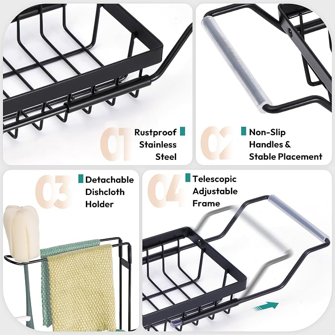Over the Kitchen Sink Caddy Expandable (14.17-17.32 in) | Stainless Steel Anti-Slip Rustproof Sink Organizer Rack, Hanging Drying Holder for Sponges, Soap, Brushes, Dishcloths and Rag - Image 4