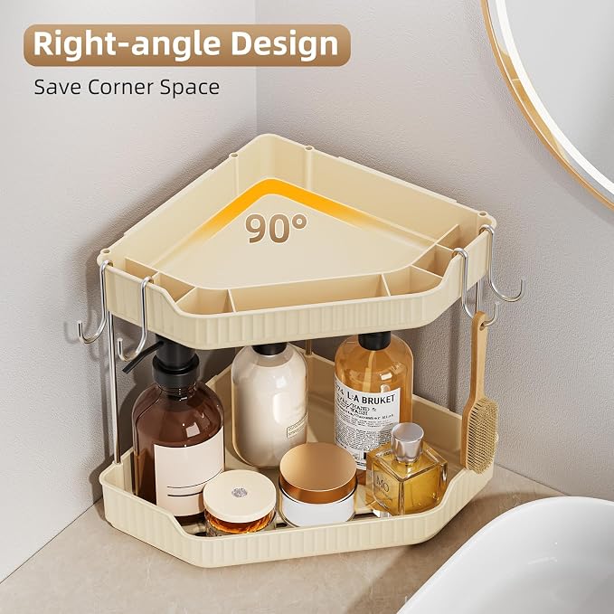 VITVITI 2 Tier Corner Bathroom Counter Organizer, Bathroom Countertop Organizer Storage for Sink, Plastic Makeup Organizer for Vanity Countertop Kitchen with Hooks, Clear, Cream White - Image 5