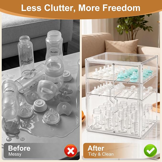 ERTIUANIO Baby Bottle Organizer for Countertop Cabinet Storage | 3 Tier Adjustable Clear Acrylic Station Container with 2 Removable Dividers for Vanity, Bathroom, Nursery, Gifts for New Mom - Image 3