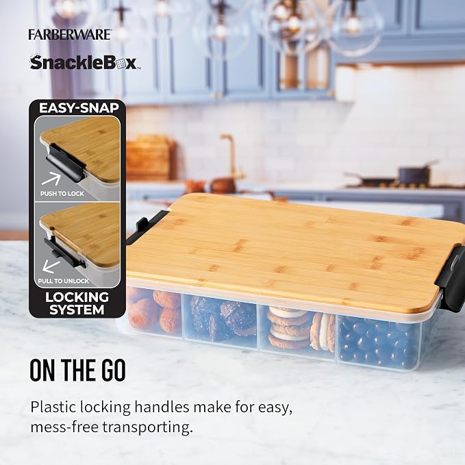 Farberware Build Snacklebox Serving Tray with Locking Bamboo Cutting Board Lid, Portable Storage Container with Compartments for Charcuterie, and More, Natural (Pack of 4) - Image 4