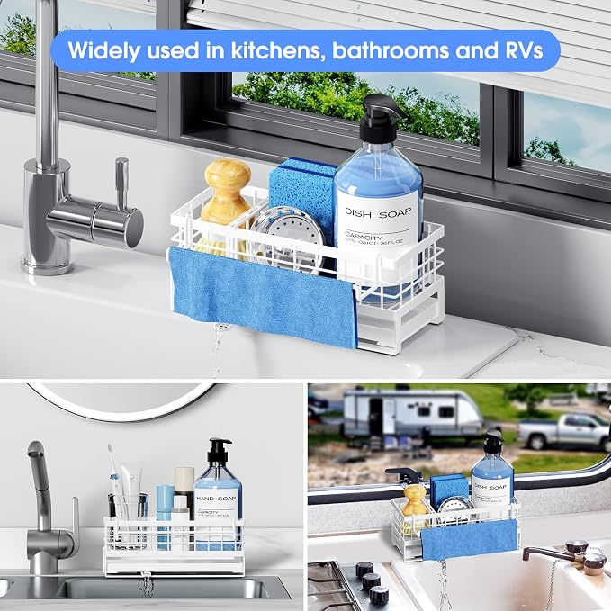 Kitchen Sink Sponge Holder - Self-Draining, Detachable Dish Cloth Holder, Rustproof Kitchen Countertop Organizer (White) - Image 8
