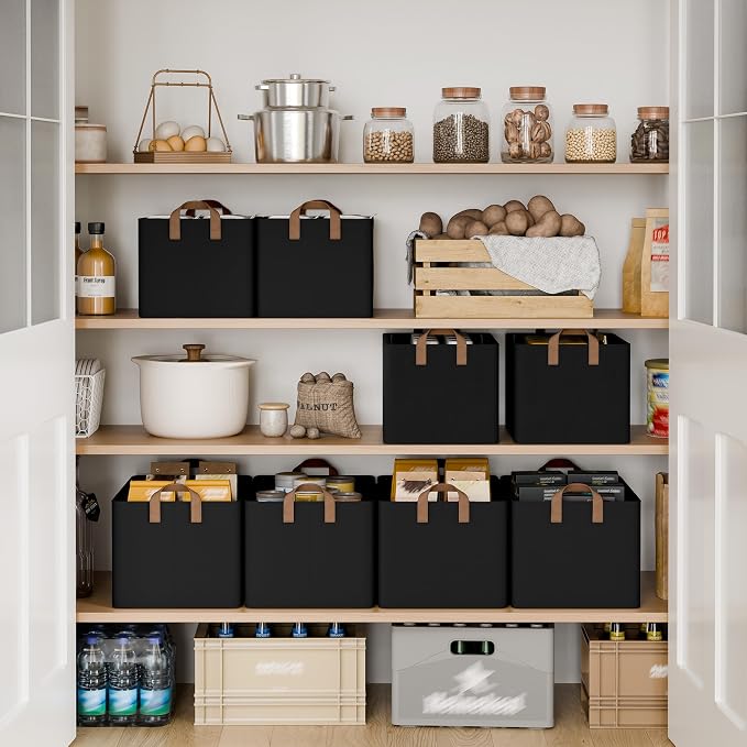 StorageWorks Fabric Storage Bins, Linen Closet Organizers, Black, 2-Pack | 45L, With Reinforced PU Handles, Metal Frame, Collapsible, Storage Basket for Shelves, Closet, Holds Clothes, Towels, Blanket - Image 3