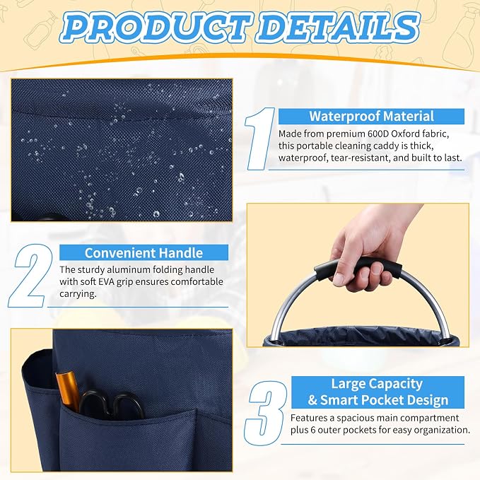 17L Cleaning Caddy with Handle & 6 Pockets, Foldable Cleaning Supply | Portable Shower Caddy, 600D Oxford Fabric Storage Basket for Home, Camping, Gardening, Bathroom - Image 3