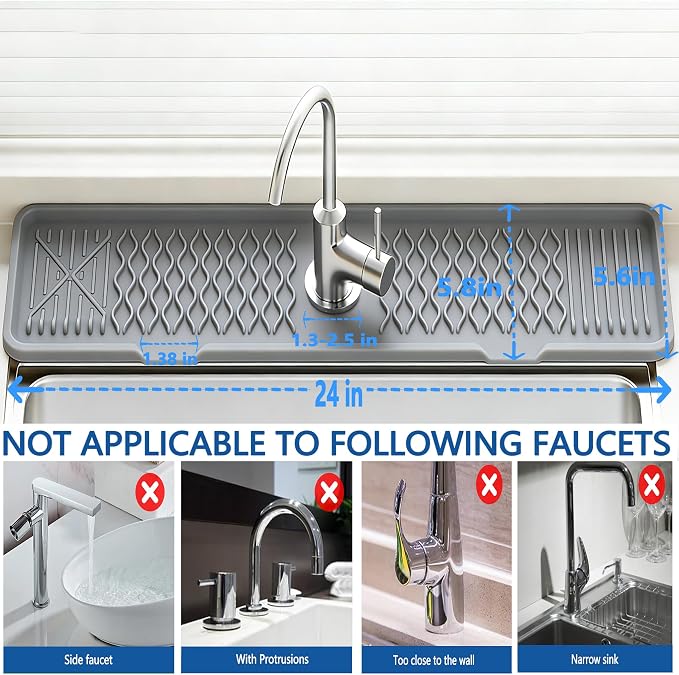 24 Inch Silicone Faucet Mat for Kitchen Sink, 7° Slope Fast Self-Draining Sink Splash Guard, Kitchen Sink Water Catcher Organizer, Kitchen Sink Accessories (Gray, 24''x5.6'') - Image 5