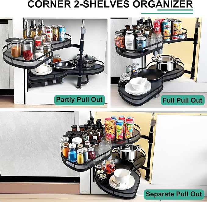 Blind Corner Cabinet Pull Out Organizer Swing Left Lazy Susan for Corner Cabinet 32in, 2-Tier Shelf Kitchen Cupboard Magic Corner Pull Out with Soft Close, Adjustable Height, Metal Black - Image 7