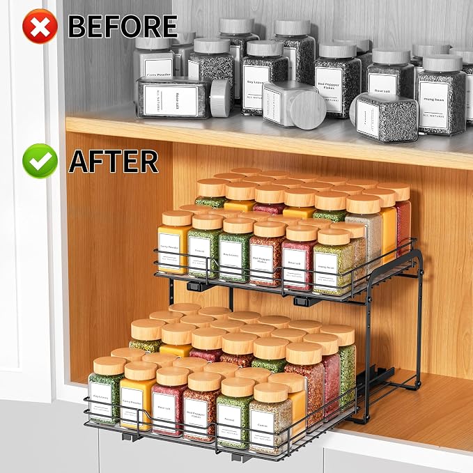 RCHYFEED 2 Tier Pull Out Spice Rack Organizer for Cabinet,11.5"Wx10.5Dx9.5H | Height Adjustable Spice Organization for Cabinet Metal Slide Out Spice Rack Heavy Duty Vertical Spice Rack for Cabinet,Pantry - Image 2