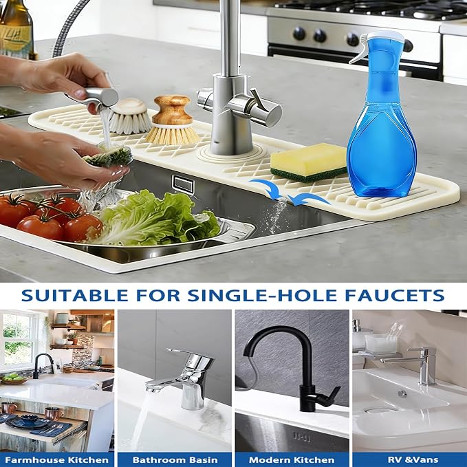 24 Inch Silicone Faucet Mat for Kitchen Sink, 7° Slope Fast Self-Draining Sink Splash Guard, Kitchen Sink Water Catcher Organizer, Kitchen Sink Accessories (off-white, 24''x5.6'') - Image 2