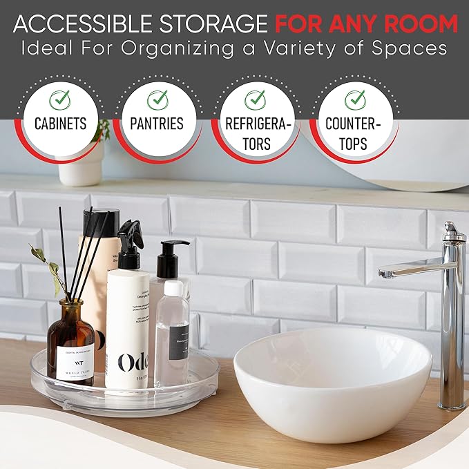 Oizeir Clear Lazy Susan Turntable Organizer (Pack of 4) 9 Inch Acrylic Rotating Storage for Cabinet, Pantry, Fridge, Bathroom, and Vanity Countertops - Image 4