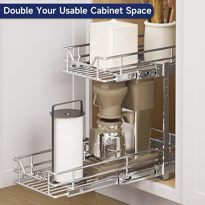 2-Tier Pull Out Cabinet Organizer, 7.5" W x 21.5" D, Heavy Duty Dual Slide Out Shelves for Narrow Base Cabinets, Chrome Wire Basket Drawer for Spices, Bottles & Snacks - Image 8