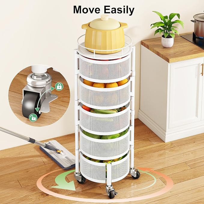SAYZH 5 Tier Fruit Vegetable Basket Stand for Kitchen, Rotating, White | Rolling Storage Cart with top lid, Large Metal Wire Rack for Potato and Onion Storage - Image 6