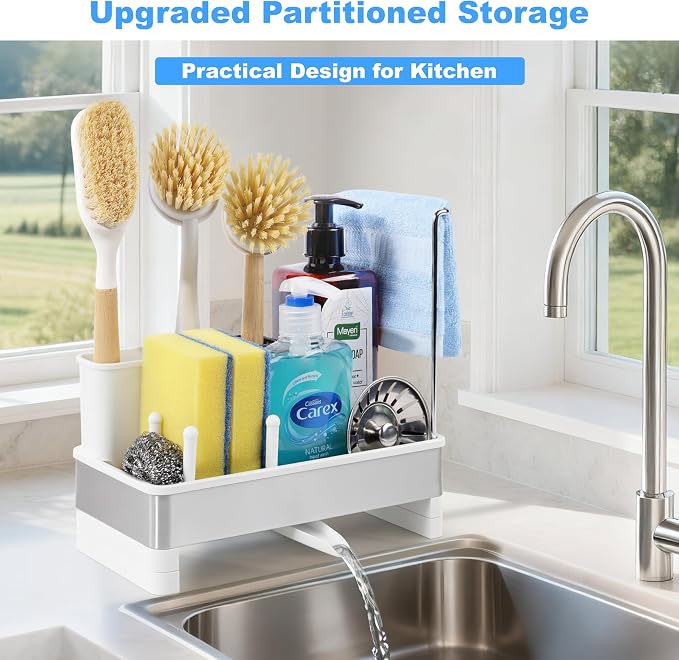 Sponge Holder for Kitchen Sink Caddy Organizer, Dish Brush Holder | Stainless Steel Sponge Caddy for Kitchen Countertop Organizer, Rustproof Dish Soap and Sponge Rack with Dishcloth Drying Rack - Image 2