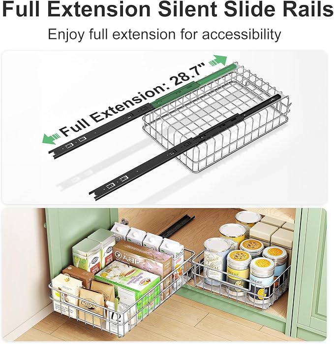 Pull out Cabinet Organizer, Stainless Steel 1-Pack (9.8"W x 16.5"D) Full-Extension Slide out Drawer, Adhesive Roll out Can Spice Storage Basket Shelf Rack for Pantry, Kitchen, Bathroom, Home Closet - Image 5