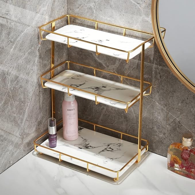 Bathroom Organizer Countertop Perfume Organizer Makeup Organizer Cosmetics Storage Display Rack Vanity Tray Dresser Stainless Steel Gold Shelf White Marble Ceramic Tray by Dobbyby