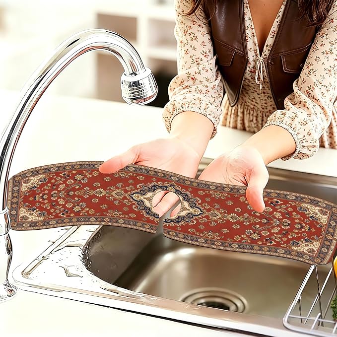 2 Pcs Kitchen Sink Splash Guard Faucet Mat Retro Red Bohemian Pattern Faucet Mat for Sinks Flower Absorbing Drying Mats for Kitchen Bathroom - Image 6