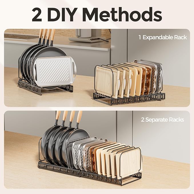 MUDEELA Expandable Cutting Board Organizer Pot Lids Rack 15 Dividers 2-Pack | Expandable Pots and Pans Organizer under Cabinet, 15 Adjustable Dividers, Fits Bakeware Cookie Sheet Baking Tray Muffin Tin - Image 6