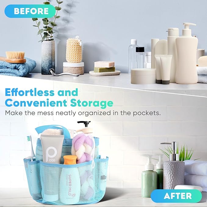 EUDELE 2 Pack Mesh Shower Caddy Portable for College Dorm Room Essentials, Shower Caddy Dorm with 9-Pocket Large Capacity,Shower Bag for Beach,Swimming,Gym All Black+All Ice Blue - Image 8