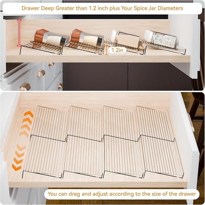 8 Pack Adjustable Narrow In Drawer Spice Organizer - Expandable From 9'' to 17.7'' - Acrylic Drawer Seasoning Organizer,Clear Spice Drawer Insert Tray for Drawers Condiment,Jar Organization - Image 4