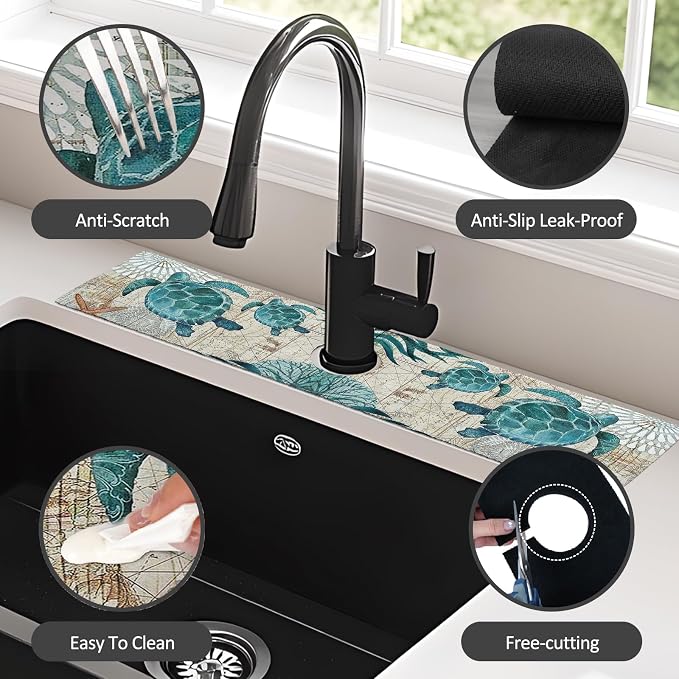 24" X 5.5" Kitchen Sink Splash Guard Faucet Mat Sea Turtles Super Absorbent Fast Drying Faucet Guard & Draining Mat Sink Splash Guard Behind Faucet for Kitchen, Bathroom - Image 4
