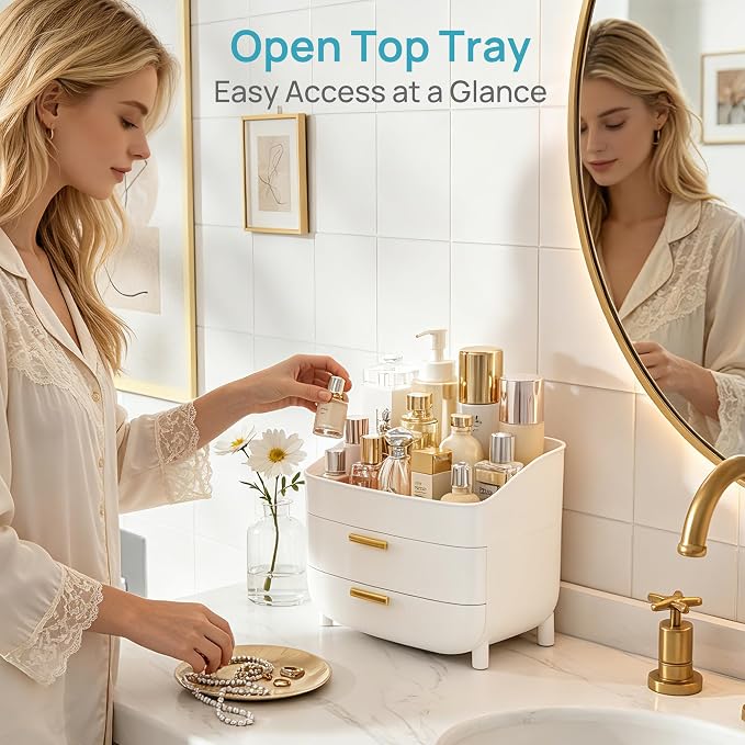 Vtopmart 3-Tier Skincare Makeup Organizer with Drawers, White | For Vanity,Dresser and Bathroom Countertop, Large Cosmetic Storage Box Case, , With Drawer, Non-Slip Base - Image 3