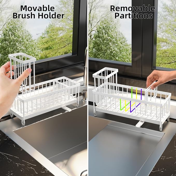 Moforoco Extra Large Kitchen Sink Caddy, Rustproof Sponge Holder for Kitchen with High Brush Holder, Stainless Steel White Kitchen Caddy Countertop Organizer, Sponge Caddy for Kitchen - Image 4