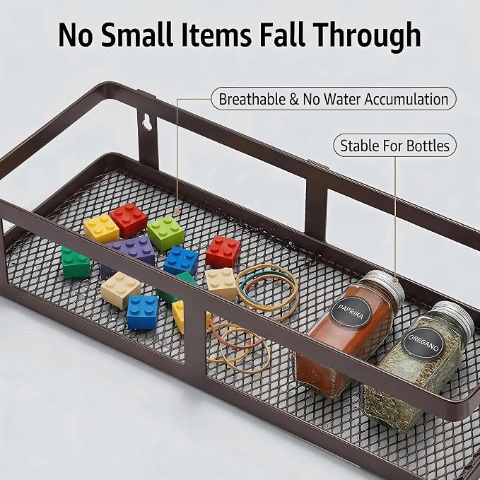 PUSDON 2-Pack Minimalist Shower Caddy Wall Mount, Open Frame Bathroom Shelf Organizer with Mesh Base, Rustproof Floating Spice Rack for Kitchen, Holds 50 LBS, 4 Hooks - Vintage Bronze, Guardrail - Image 6