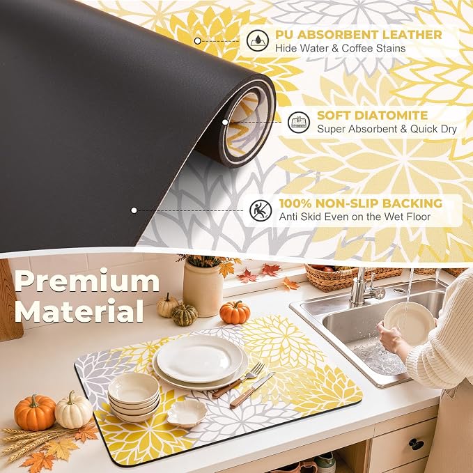 Findosom Fall Dish Drying Mat, 12" x 20" Super Absorbent Dish Mat with Floral, Hide Stain Drying Mat for Kitchen Counter, Under Dish Rack, Coffee Maker, Espresso Machine, Yellow - Image 4