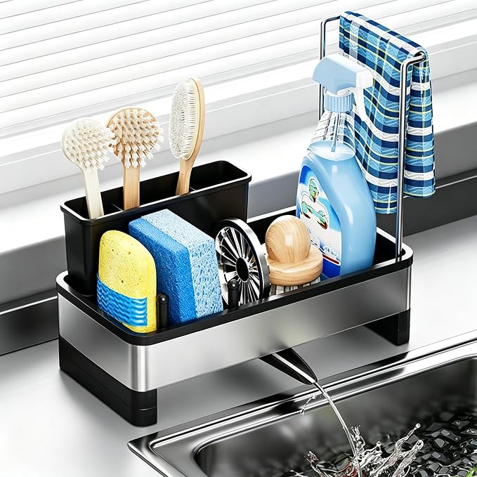 Stainless Steel Sink Caddy Sponge Holder for Kitchen Sink 9.8″ | with Auto-Drain, with Removable Brush Holder & Towel Rack, Rustproof Sink Organizer for Countertop, Kitchen Accessories by ChigtskyHomeOrganizerandFunnyToy