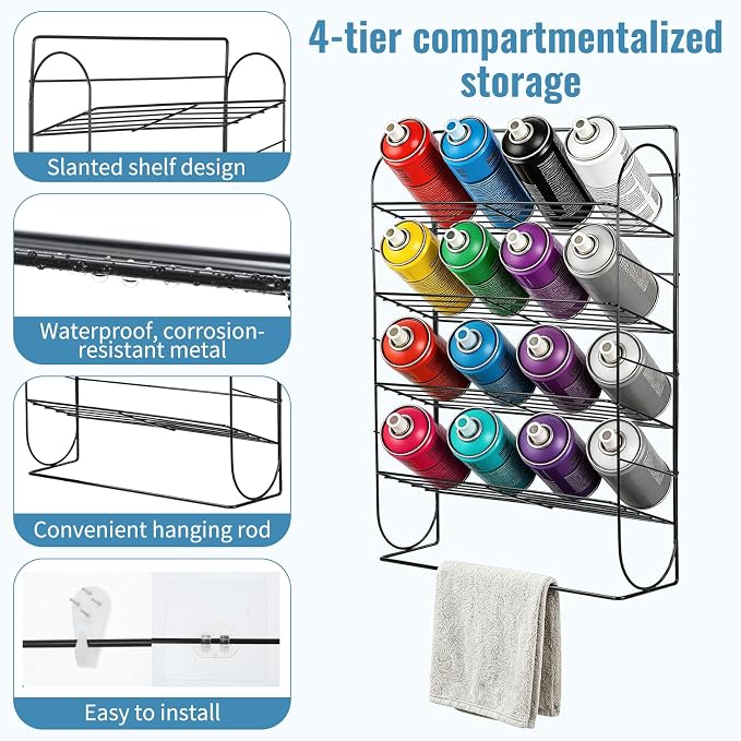 Spray Can Holder Storage Rack Wall Mounted, Metal Spray Paint Rack Organizer for Garage, Aerosol Can and Paint Bottle Storage Rack, Holds 16 Cans, Workshop and Craft Room Organizer - Image 3
