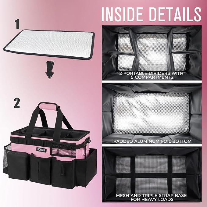 SCAVATA Wearable Cleaning Caddy Bag, Cleaning Caddy Supplies Organizer with Handle & Shoulder Straps for Housekeepers, Under Sink & Car Cleaning Tool Organizers with 4 Foldable Divider (SweetPink) - Image 4
