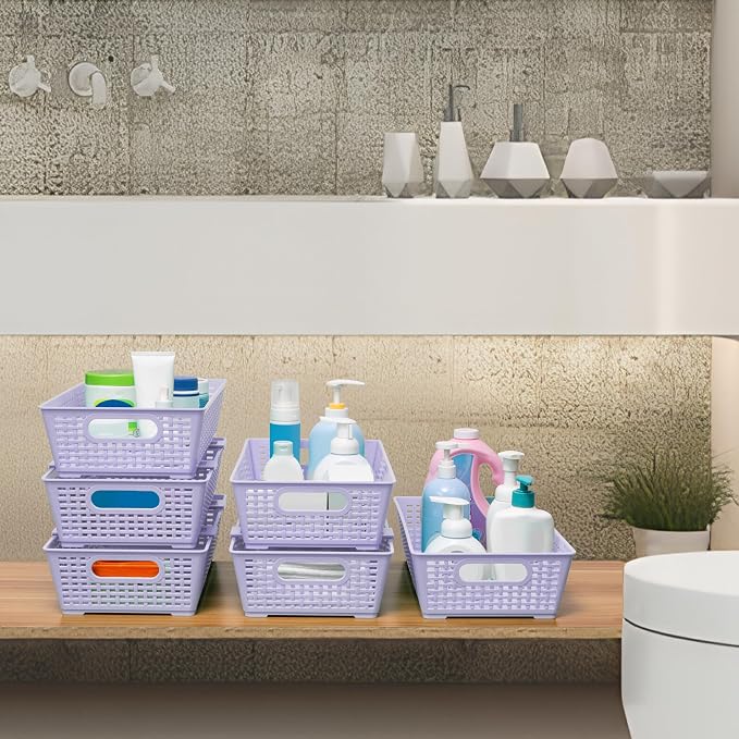 Tiawudi Stackable Woven Plastic Basket, Storage Bins for Cabinet, Closet, Shelf, Under Sink and Countertop, Pantry Organizer Bins, 6 Pack - Image 6
