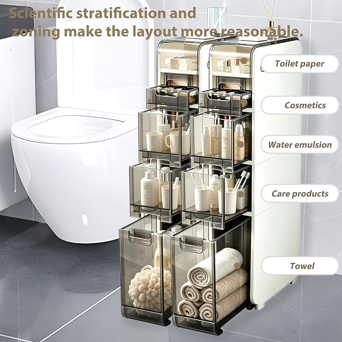 BGYMF 3-Tier Narrow Slim Bathroom Storage Cabinet,Movable,White | ABS and PP,with Wheels and Drawers,Large Storage Capacity,Water Resistant,Toilet Paper Holder,for Small Spaces - Image 3