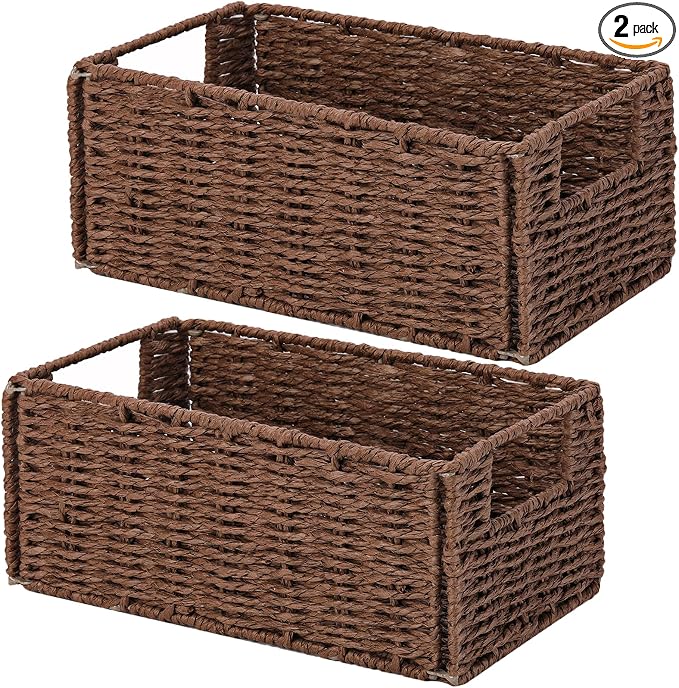 Wicker Storage Basket, Set of 2 Hand-Woven Paper Rope Wicker Basket, Small Storage Baskets for Organizing Toilet Paper Basket, Foldable Large Cube Storage Organizer Bins for Shelves (Brown) by Vagusicc