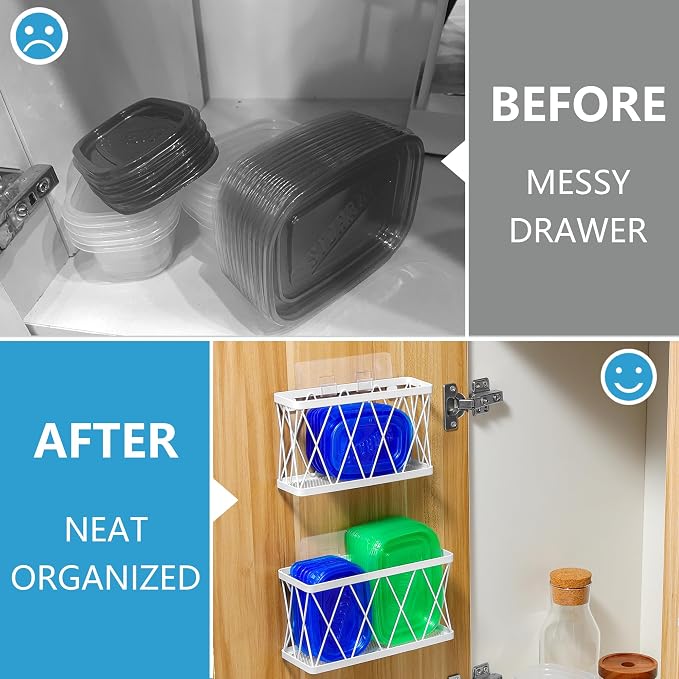 YIGII 3 Pack Adhesive Cabinet Door Organizer - Lid Storage Organizer for Tupperware, Wall Mounted Pantry Door Organizer Kitchen RV Storage Wall Under Sink Basket Slim Space, White Stainless Steel - Image 3