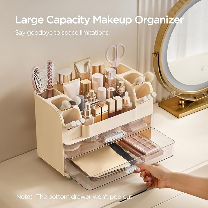 HBlife Makeup Organizer for Vanity with Brush Holder, Large Bathroom Countertop Cosmetic Organizer Skin Care Storage, Easy to Store Lipsticks, Nail Polishes, Perfumes, Eyeshadow Palettes, Beige - Image 4