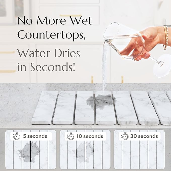 Stone Drying Mat for Kitchen Counter - Collapsible Diatomaceous Earth Dish Drying Stone - Fast Absorbent Stone Dish Drying Mat for Dishes and Pots (White Marble) - Image 2