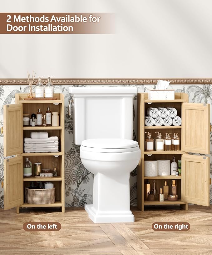 Akxomel Rattan Small Bathroom Cabinet Narrow Toilet Paper Organizer Oak | 7.9''D x 11.8''W Bathroom Organizer and Storage Cabinet for Small Space, Slim Corner Unit with Adjustable Shelf - Image 6