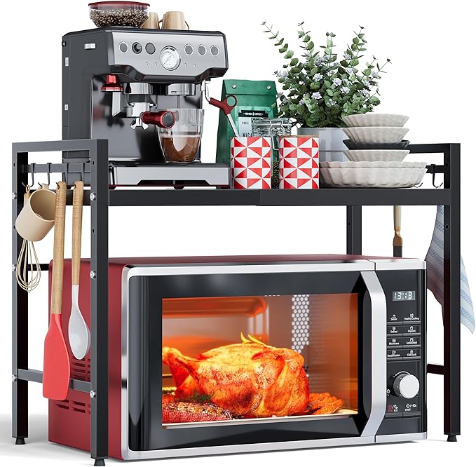 2 Tier Expandable Microwave Stand countertop,Microwave Oven Rack | microwave shelf, storage shelves for pans &appliances,Adjustable partition height，8 Hooks，55lbs max load,Black by NETELOfficial