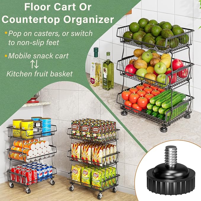 OKZEST Pantry Organizers and Storage Cart with Upgraded Metal Hub Casters | Fits under pantry shelf, Stackable fine-mesh wire baskets, 3-Tier rolling cart holds drink, snack, can, potato, onion, fruit - Image 4