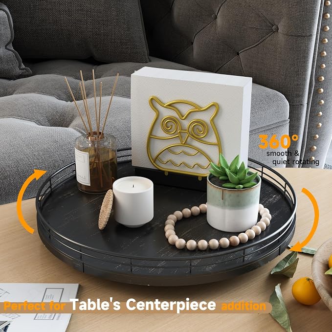 AMH 13-Inch Oak Lazy Susan Vanity Tray with Black Brushed Gold Finish Rail | Smooth rotating oak tray with walnut finish for dining tables, kitchen counters, pantries and cabinet storage. - Image 3