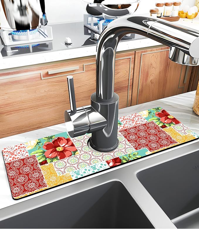 Kitchen Sink Splash Guard Faucet Mat Super Absorbent Fast Drying Mat Sink Gadgets Splash Guard Behind Faucet Drip Catcher for Kitchen (Boho Trellis, 15x5.5in) - Image 2