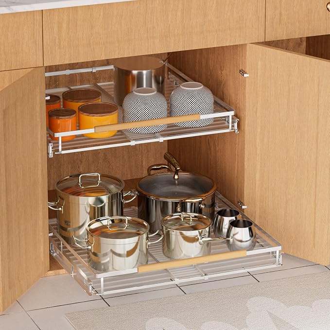 SANNO Expandable Pull Out Cabinet Organizer,Slide Out Pantry Shelf for Kitchen Cabinet or Under Sink,Extendable Width16.1 to 26.4" W,Chrome Finish,3Pack - Image 3