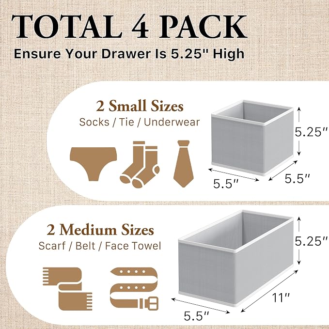 Simple Houseware Underwear Drawer Organizer, Set of 4, Gray | for Sock/Bra/Undergarment/Panty/Onesie, Collapsible - Image 2