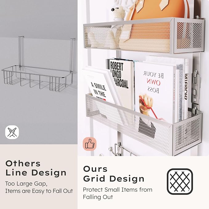 Consumest Over The Door Hooks Organizer - 3 Tier Door Hanger with 9 Coat Hooks & 2 Mesh Basket, Back Storage Organizer Hanging Towels for Bathroom, Bedroom, Sand Nickel - Image 2