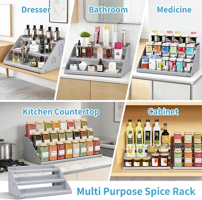 BOIVSHI 3 Tier Expandable Spice Organization for Cabinet, Gray | Height Adjustable Spice Rack for Countertop, Metal Step Seasoning Organizer for Kitchen, Easy to See Labels for Pantry - Image 8