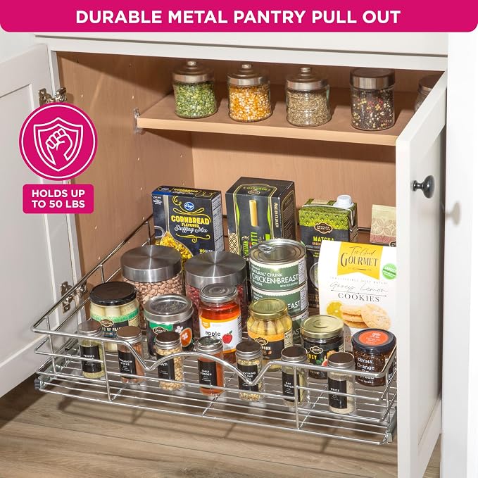 HOLDN’ STORAGE Pull Out Cabinet Organizer, Pantry Drawer, 26"W x 21"D x 5"H | Heavy-Duty Full-Extension, Roll Out Shelf for Pots, Pans & Under Sink Storage, Chrome, Require a 27.25"W Cabinet Opening - Image 5