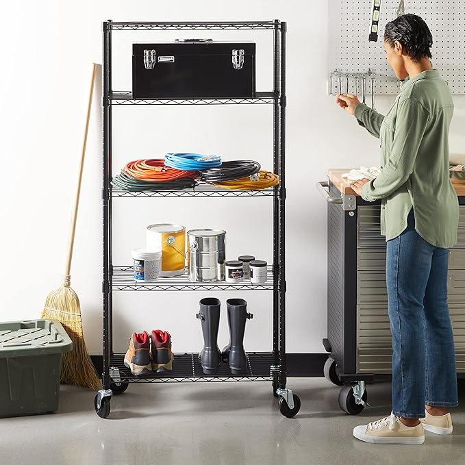 Amazon Basics 5-Shelf Heavy Duty Garage Shelving Storage Rack with 4" Wheel Casters, Adjustable Metal Wire Organizer, 300 lbs Per Shelf, 30" x 14" x 64.75", Black - Image 2