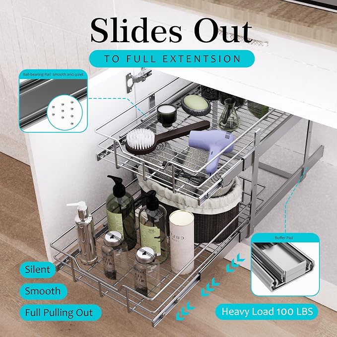 2 Tier Pull Out Cabinet Organizer 11" W X 17" D, Chromed, Full Slide Out | For Kitchen Organizers and Storage, Pull Out Drawers For Cabinets Capacity Heavy Duty Caddy, Cabinet Shelves, Bathroom Pantry - Image 3