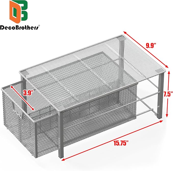 Deco Brothers Stackable Pull Out Cabinet Sliding Basket with Divider, Large | Under Sink Organizer, Silver - Image 3