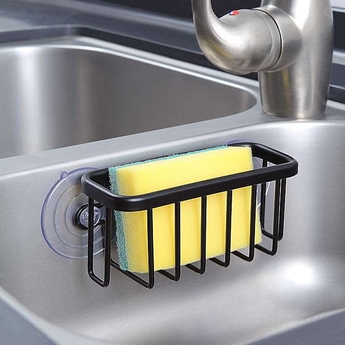 SunnyPoint NeverRust Kitchen & Bathroom Sink Caddy for Sponges, Scrubbers, Soap, 6" x 2.5" x 2.65", with Adhesive Mount - Additional Suction Cup Included –Aluminum (Black) - Image 2
